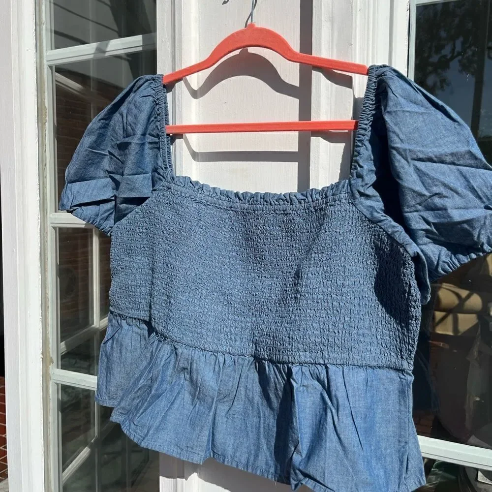 J Crew Chambray Squareneck Smocked Puff Sleeve Top NWT